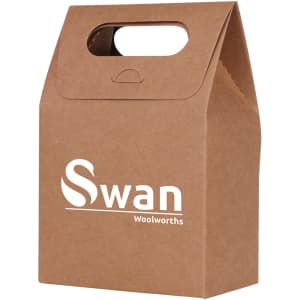A kraft paper die cut handle bag, featuring a top handle and a logo on the side.