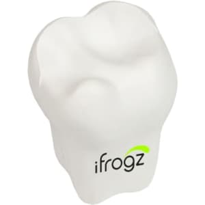 A white stress reliever shaped like a tooth, featuring a logo on its front.