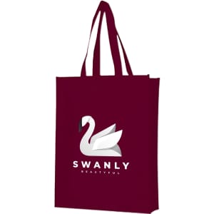 A maroon non-woven bag with large gussets and a logo featuring a swan design.