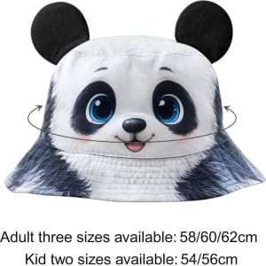 A bucket hat featuring a panda design with animal ears, in black and white, with a logo on the side.