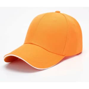 An orange six-panel cap featuring a contrasting white trim and a logo on the front.