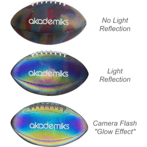 A holographic glowing American football featuring a reflective surface in multiple colours and a logo.