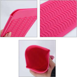 A pink heat-resistant silicone mat pouch featuring a textured wave design, with a close-up view of the edges and interior.