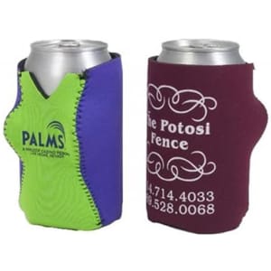 A drink bottle holder in green and purple, featuring a logo, beside a maroon holder with decorative patterns.