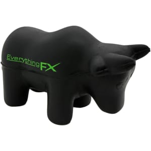 A black bull-shaped stress reliever with a logo on its side, designed for fun and stress relief.