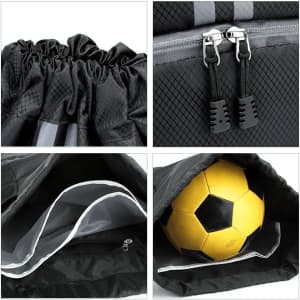 A black drawstring backpack featuring grey stripes, zippers, and compartments for wet and dry separation, holding a soccer ball.