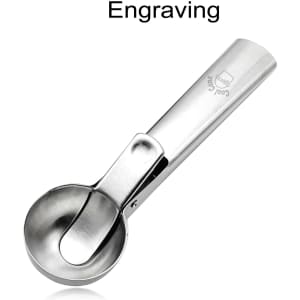A stainless steel ice cream scoop with a shallow bowl and a smooth handle, featuring a logo.