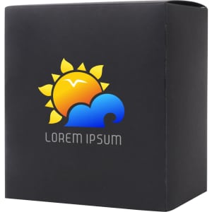 A medium square black gift box with a colourful logo featuring a sun and wave design.