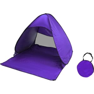 A purple pop-up beach tent with an attached carrying case, designed for leisure and outdoor sunshade use.