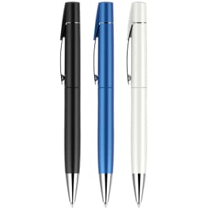 Three pens in black, blue, and white with a spray finish, each featuring a clip and metallic accents.