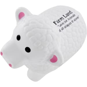 A white sheep-shaped stress reliever with a textured wool pattern and black eyes and nose. It features a logo.