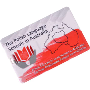 A white credit card flash drive with red and grey graphics, featuring a map of Australia and a logo.