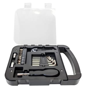 A black tool kit featuring various tools, including sockets and screwdriver bits, in a sturdy case with a handle.