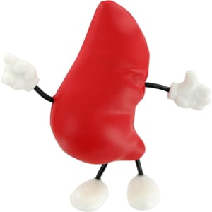 A red liver-shaped stress reliever with white hands and feet, featuring flexible black limbs.