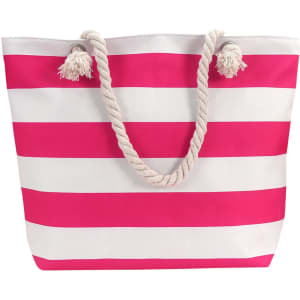 A pink and white striped tote bag featuring a rope handle. The bag has a simple, stylish design.