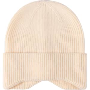 A cream earflap beanie with a ribbed texture and turned-up cuff. It features a logo on the side.