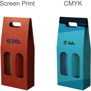 A double bottle portable wine box in orange and blue, featuring cut-out windows and handle openings. It has logos on each side.