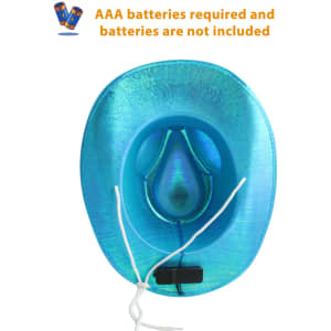 A blue light-up cowboy hat with a shiny finish and an interior battery compartment.