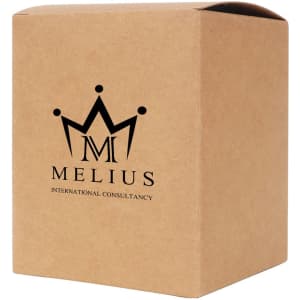A large square gift box in brown cardboard, featuring a logo on one side. Dimensions are 105 x 130 x 105mm.
