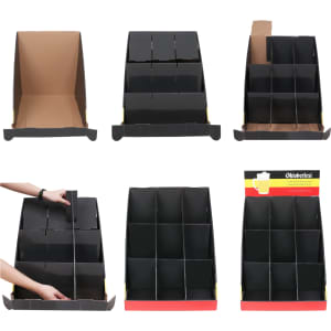 A promotional display unit with multiple black compartments, showcasing various assembly stages and a branding logo.