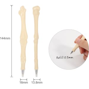 A Finger Bone Pen in a beige colour, featuring a bone design with a silver pen tip. Includes a refill size of 0.5mm.