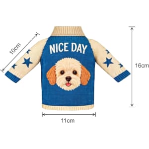 A drink bottle sleeve featuring a blue design with a dog graphic, stars, and a knitted texture. It has a logo.