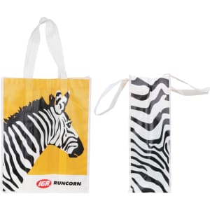 A laminated non-woven bag in yellow and black with a zebra design and handles, featuring a smaller version beside it.