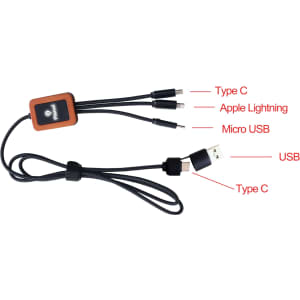 A charging cable with a square-shaped connector, featuring USB, Type C, and Apple Lightning options in black and brown.