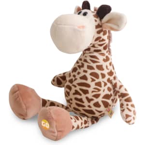 A plush giraffe toy with a spotted tan and brown body, soft fabric, and a friendly face. It features a logo.