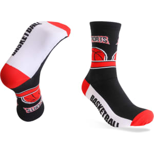 Sports socks featuring a black, red, and white design with a basketball motif and a logo.