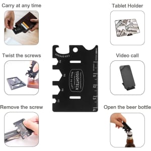 A black multi-function phone stand with various tools integrated, including a bottle opener, card holder, and tablet holder.