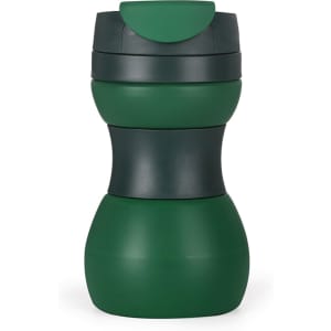 A green silicone coffee travel cup featuring a collapsible design and a lid. It has a logo on the side.