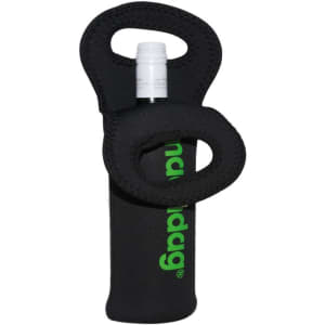A drink bottle cooler featuring a black neoprene exterior and green branding, designed for a single wine bottle.