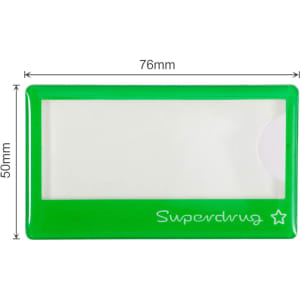 A green reusable acrylic name badge with a rectangular shape and a logo at the bottom. It has a transparent area for custom names.
