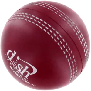 A maroon cricket ball-shaped stress reliever featuring white stitching and a logo.