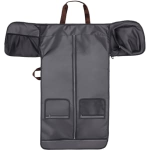 A grey convertible backpack duffel garment bag with multiple pockets and a brown handle. It features a logo.