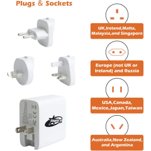 A travel adapter featuring four universal plug types, predominantly in white, with a logo on the side.