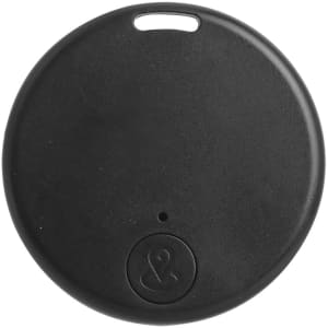 A black circular anti-loss smart tag featuring a small logo on one side.