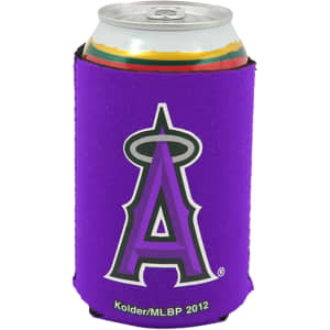 A drink can encased in a purple foldable stubby holder featuring a logo.