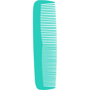 A custom blended tooth comb in a bright turquoise colour with fine and wide teeth. It features a logo.
