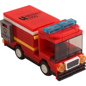 A red fire truck building block set with a blue light on top and a logo on the side.