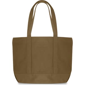A brown canvas zippered tote shoulder bag with two sturdy handles. It features a logo on one side.