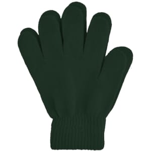 A pair of plain knitted gloves in dark green with a ribbed cuff. The gloves have a woven label.