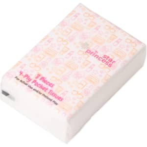 A pack of white pocket tissues featuring a patterned design in pink and orange, with a logo on the front.