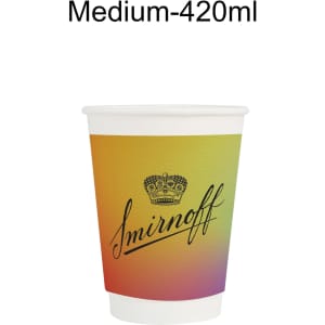 A compostable paper cup with a double wall, featuring a gradient of yellow to orange and a logo.