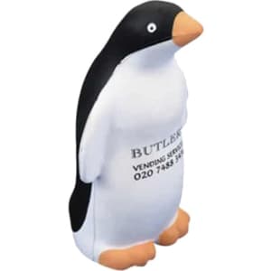 A black and white penguin-shaped stress reliever with a logo on its front.