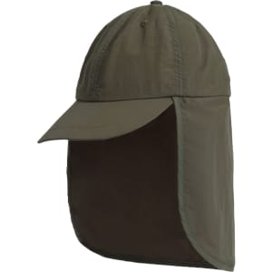 A baseball cap in olive green with a neck flap for sun protection. It has a simple design and includes a logo.