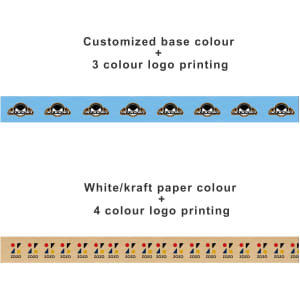 A blue and brown reinforced kraft paper tape with various printed logos and designs.