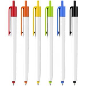 A collection of pens with creamy white barrels and colourful caps in red, orange, yellow, green, blue, and black.