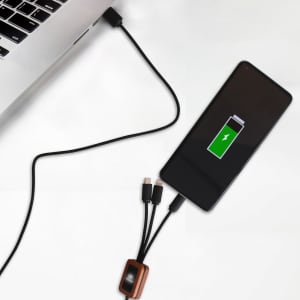 A square-shaped black long light-up charging cable connected to a laptop and a smartphone displaying a charging icon.